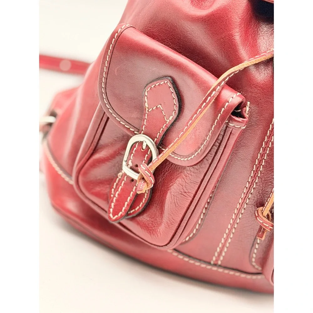 Vintage Red Leather Rucksack Backpack Contrast Stitch Buckle Drawstring Medium